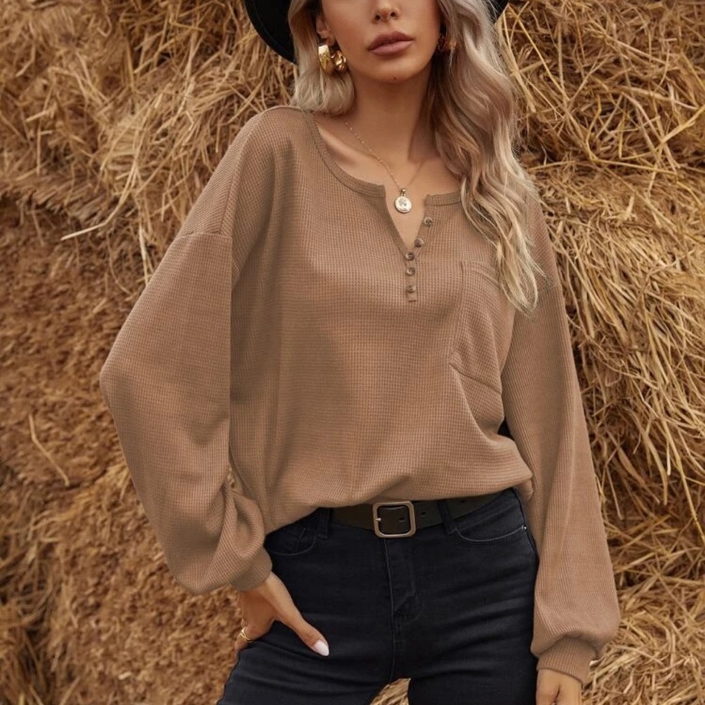 Waffle knit half placket button down henley long sleeve tee shirt boho oversized - Picture 4 of 14